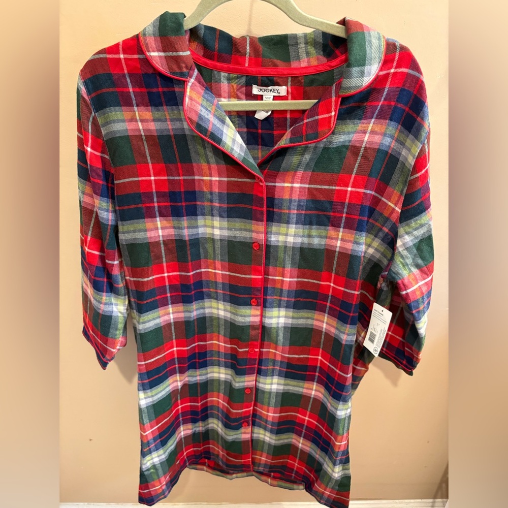 NWT Jockey Soft Flannel Plaid Pajama Button Down Nightgown Women’s Size XL